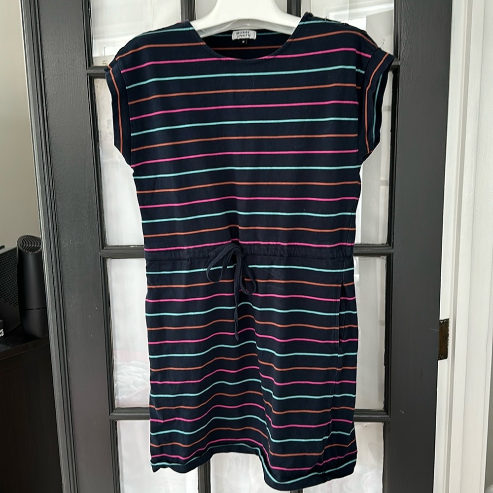 French boutique Galeries Lafayette cotton striped drawstring waist dress 🌸